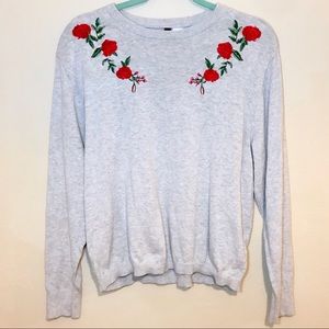 Divided Grey Rose Embroidered Sweater - Sz Large